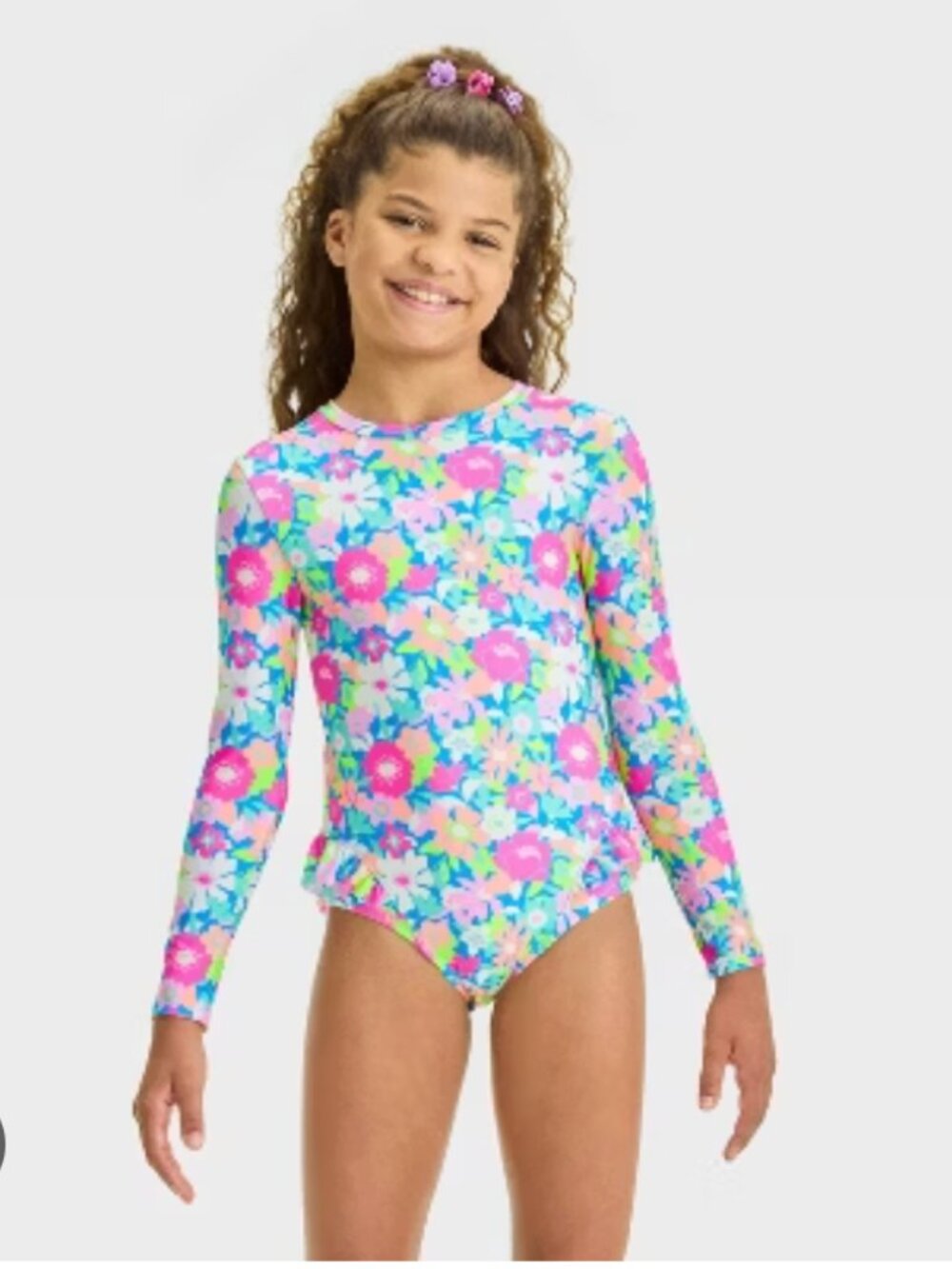 NEW cat & jack girls floral printed one piece swimsuit rash guard neon 4/5